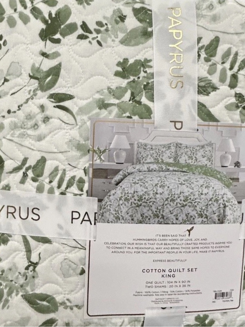 Papyrus Green and White Cotton King Floral Quilt 104”x90”